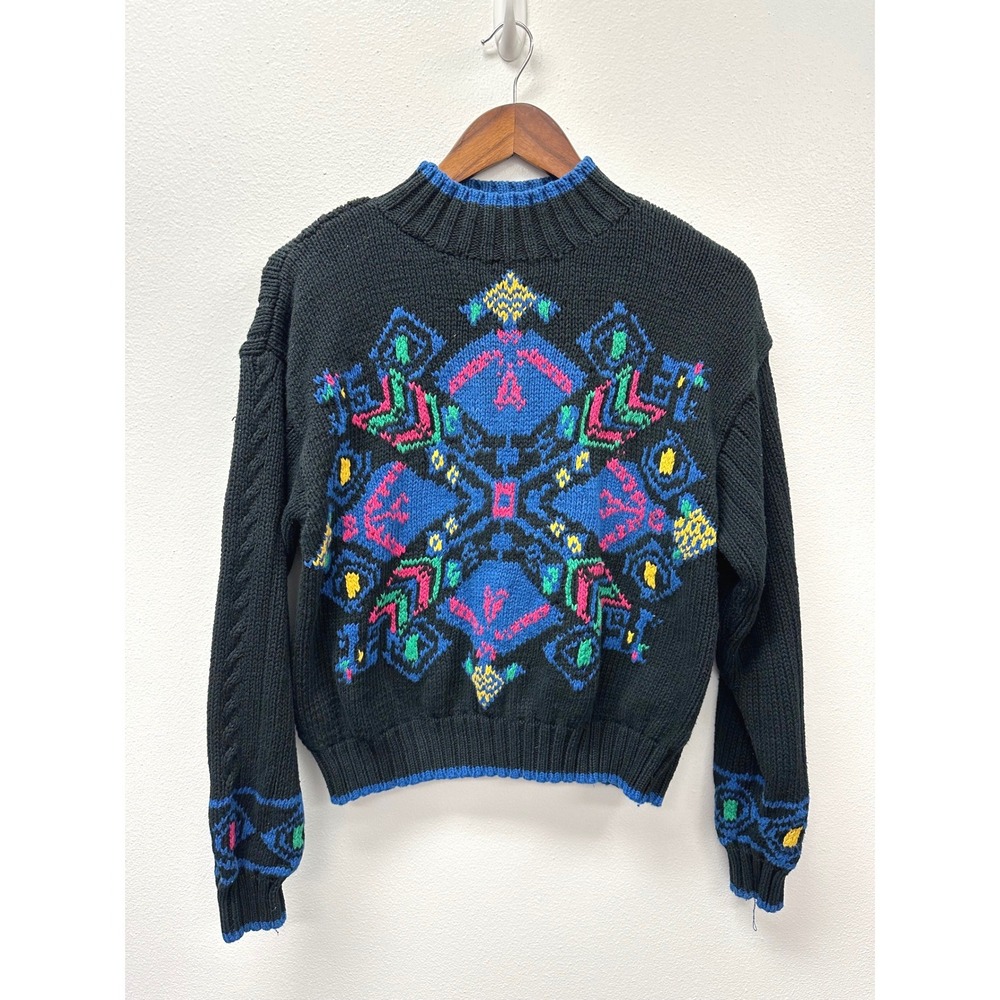 Vintage Liz Wear Geometric‎ Hand Knit Sweater Black M